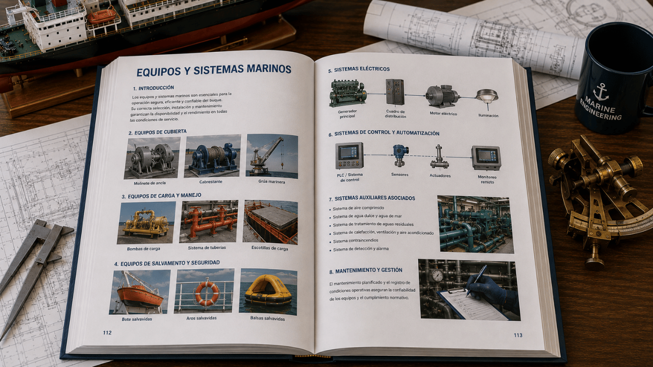 Libro de equipos y sistemas marinos abierto con equipos de cubierta, carga, seguridad, sistemas eléctricos, automatización y mantenimiento