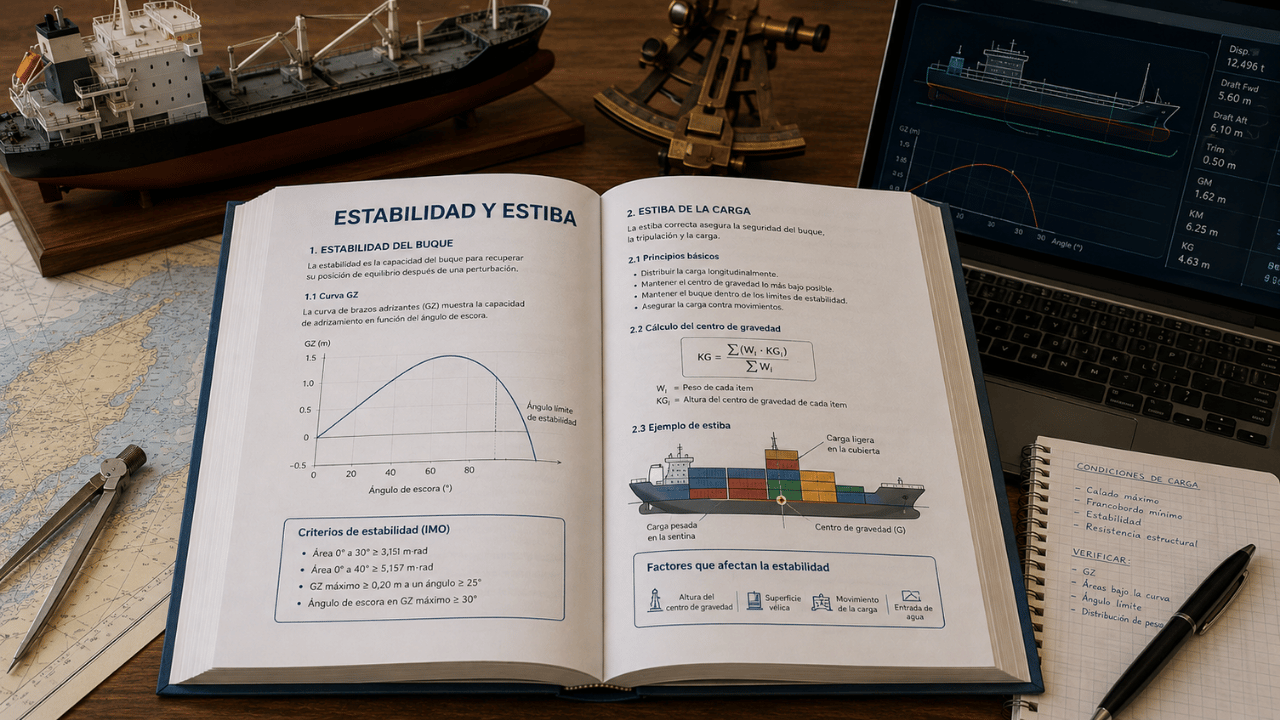 Libro de estabilidad y estiba abierto con curva GZ, distribución de carga, centro de gravedad y cálculos de estabilidad del buque