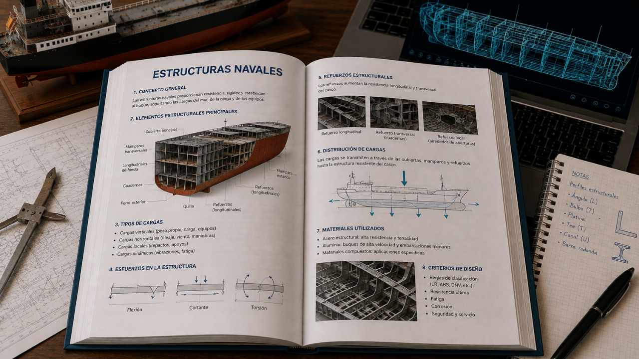 Libro de estructuras navales abierto con elementos estructurales del buque, refuerzos, distribución de cargas y criterios de diseño