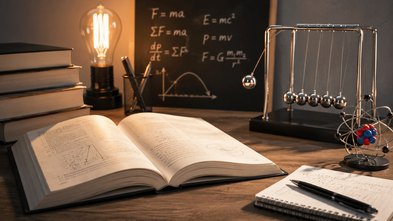 Libros de física con un libro abierto, fórmulas en pizarra y elementos de laboratorio sobre una mesa de estudio