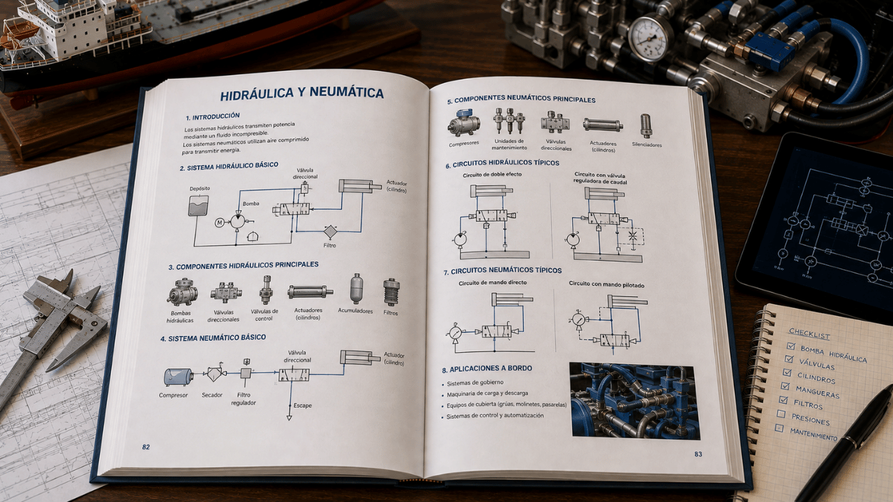 Libro de hidráulica y neumática abierto con circuitos, bombas, válvulas, cilindros, compresores y aplicaciones a bordo
