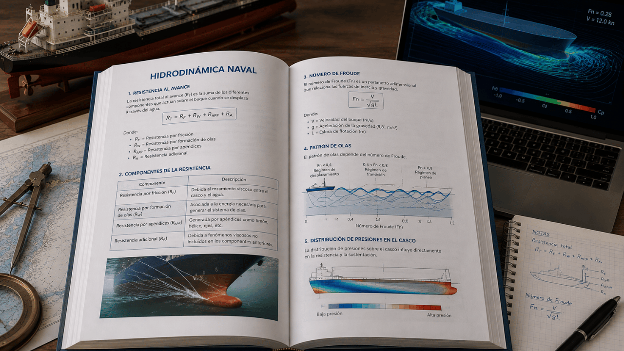 Libro de hidrodinámica naval abierto con resistencia al avance, número de Froude, patrón de olas y distribución de presiones en el casco
