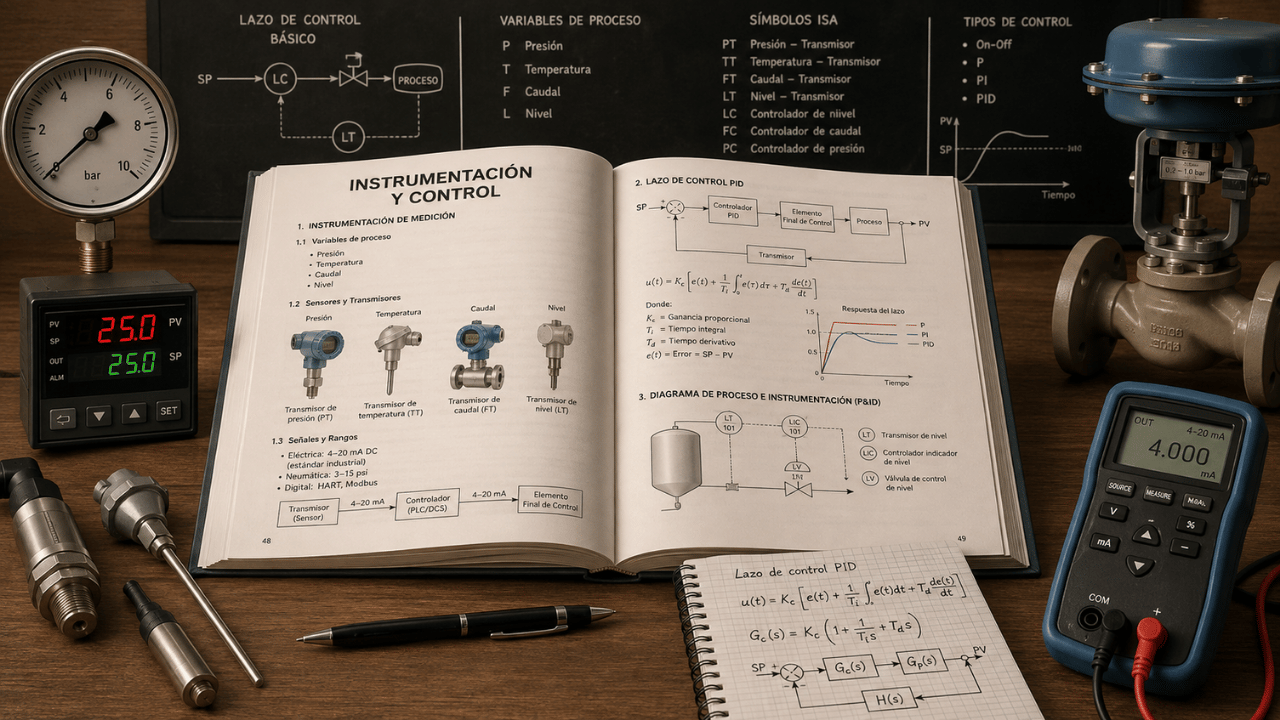 Libro de instrumentación y control abierto con transmisores, lazo PID, válvula de control y equipos de medición industrial