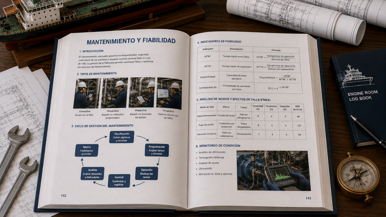 Libro de mantenimiento y fiabilidad abierto con tipos de mantenimiento, indicadores MTBF y MTTR, análisis FMEA y monitoreo de condición