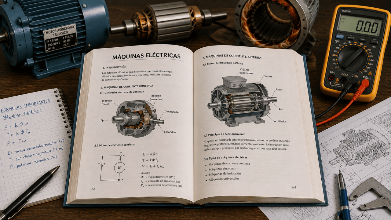 Libro de máquinas eléctricas abierto con motor, rotor, estator, multímetro y esquemas de funcionamiento