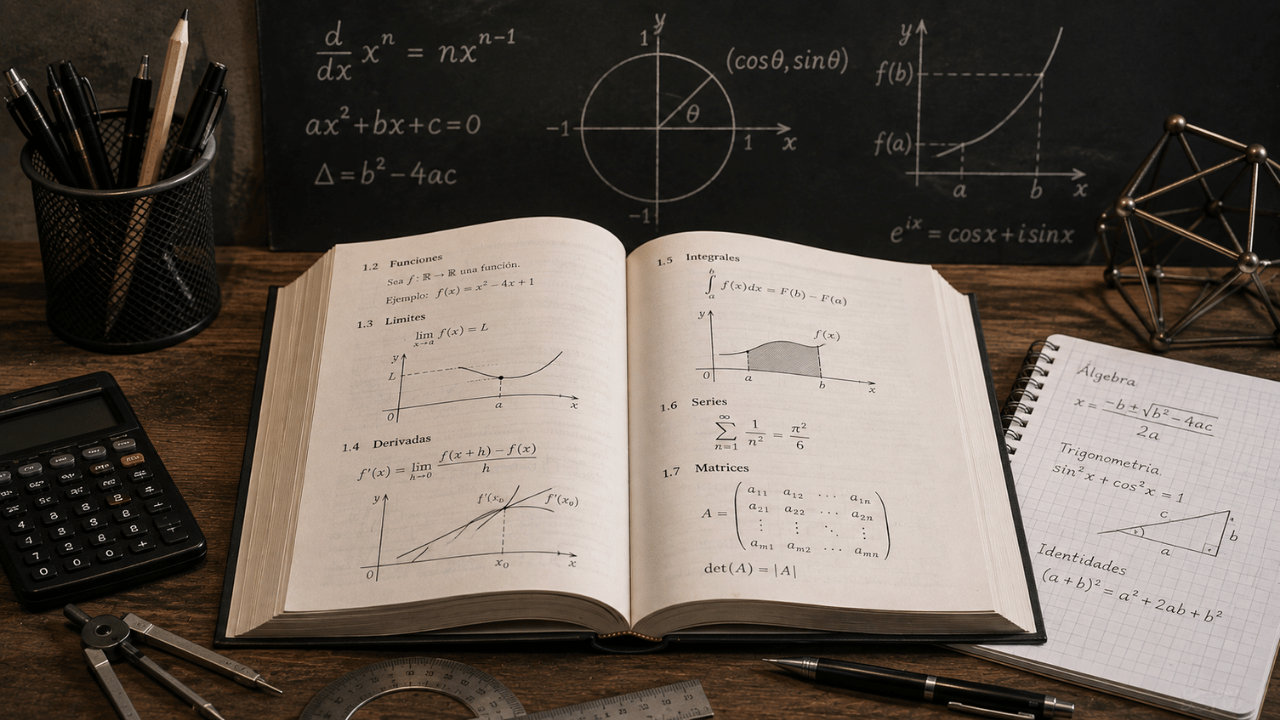 Libro de matemáticas abierto con fórmulas, gráficos, calculadora y herramientas de estudio