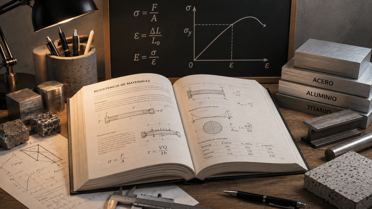 Libros de materiales y resistencia con ensayos, diagramas esfuerzo-deformación y muestras de acero, aluminio y titanio