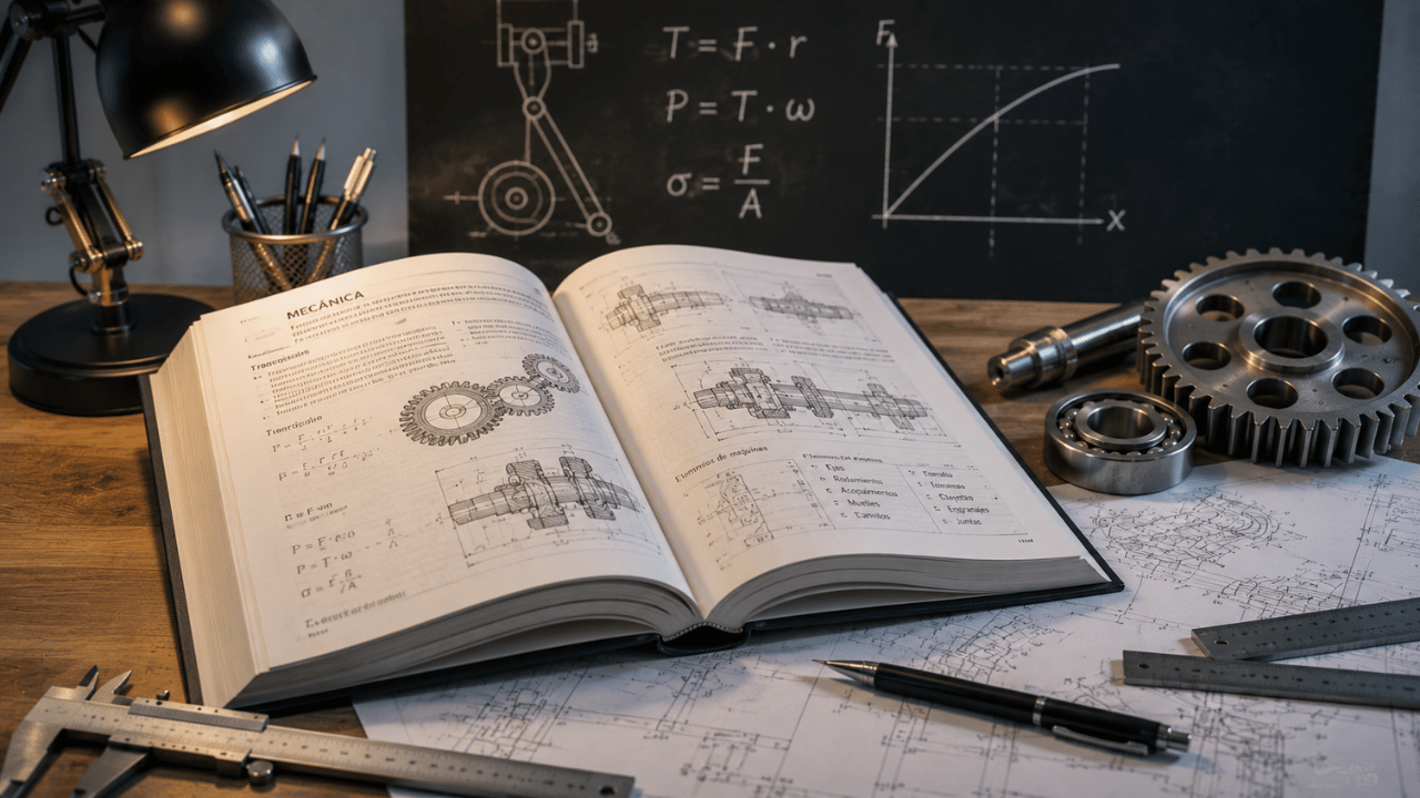 Libros de mecánica con engranajes, rodamientos, fórmulas y elementos de máquinas sobre una mesa técnica