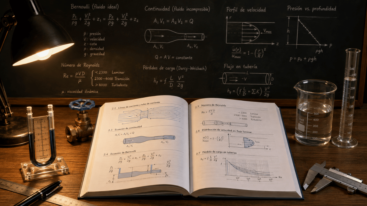 Libro de mecánica de fluidos abierto con ecuaciones de Bernoulli, flujo en tuberías y herramientas de estudio