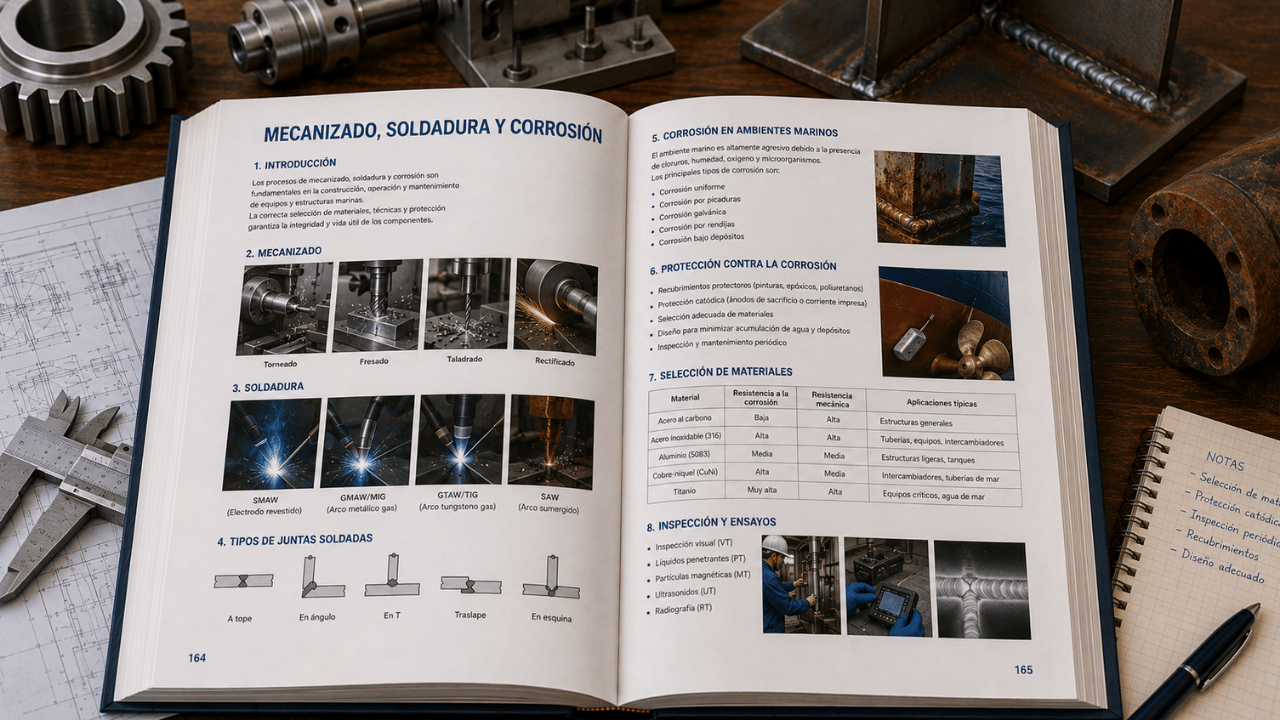 Libro de mecanizado, soldadura y corrosión abierto con procesos de mecanizado, tipos de soldadura, corrosión marina e inspección de materiales