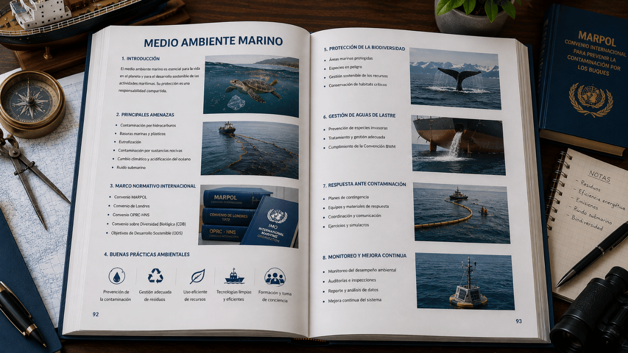 Libro de medio ambiente marino abierto con contaminación, biodiversidad, aguas de lastre, normativa MARPOL y buenas prácticas ambientales