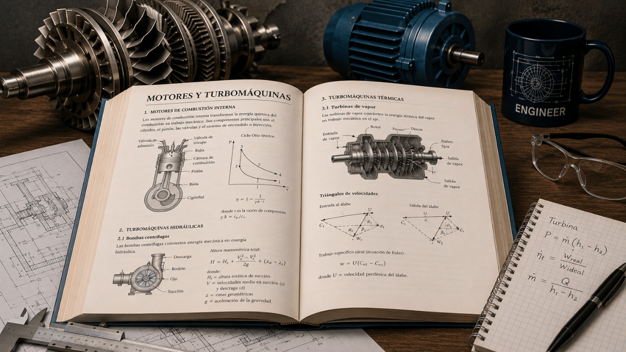 Libro de motores y turbomáquinas abierto con diagramas de motores, bombas, turbinas y elementos mecánicos