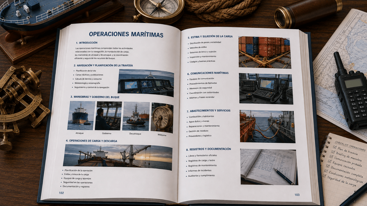 Libro de operaciones marítimas abierto con navegación, maniobras del buque, carga y descarga, comunicaciones y documentación operativa