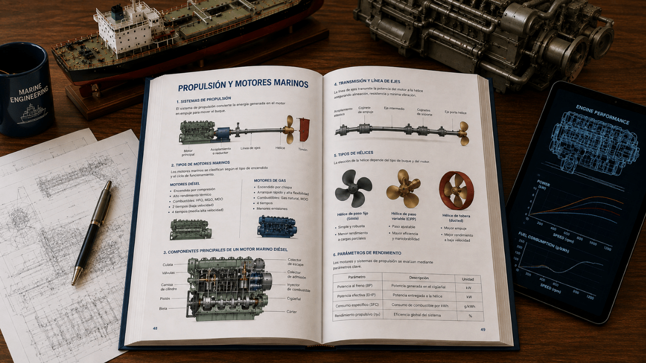 Libro de propulsión y motores marinos abierto con motor diésel, línea de ejes, hélices y sistemas de propulsión naval