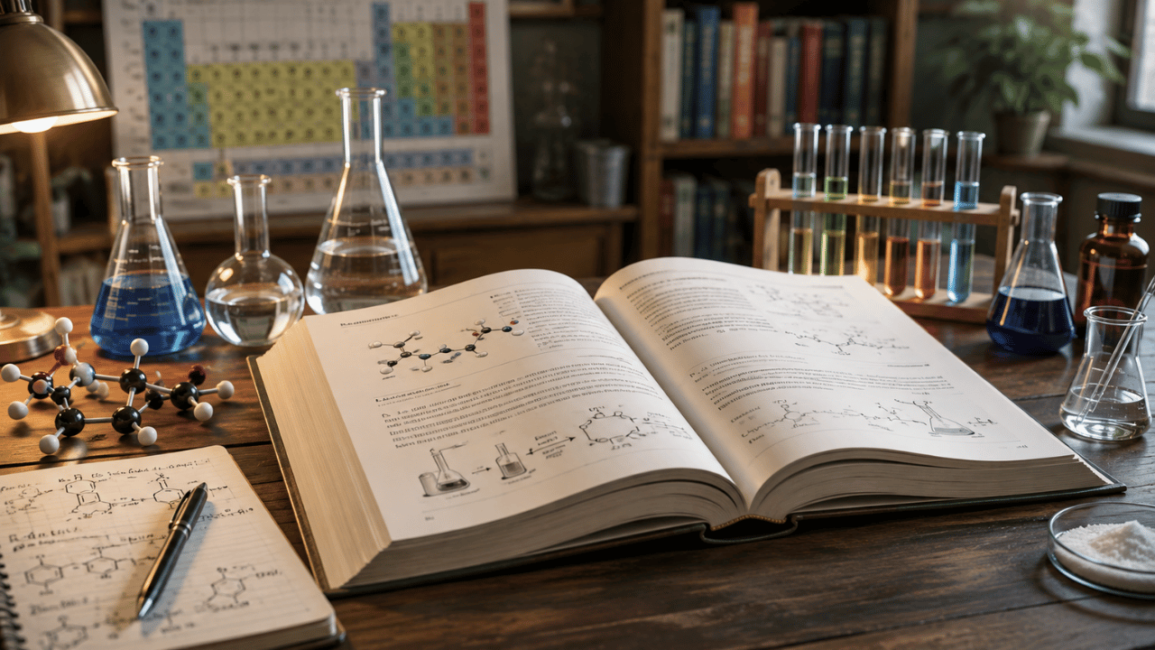 Libros de química con libro abierto, material de laboratorio, modelos moleculares y tabla periódica