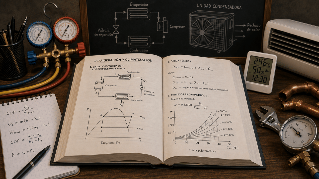 Libro de refrigeración y climatización abierto con ciclo frigorífico, manómetros, tuberías y herramientas HVAC