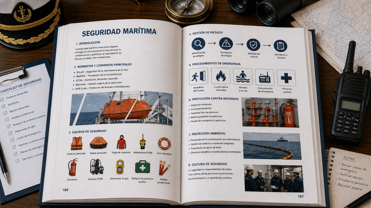 Libro de seguridad marítima abierto con equipos de emergencia, gestión de riesgos, protección contra incendios y procedimientos de seguridad a bordo