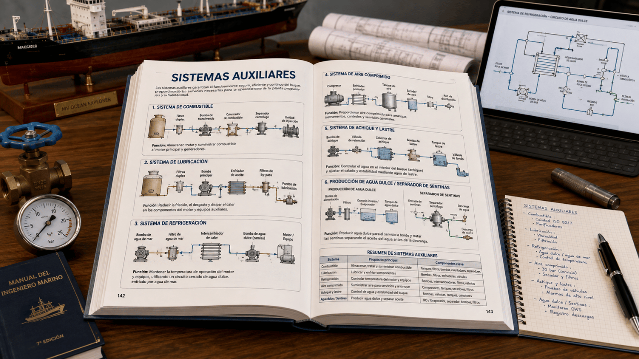 Libro de sistemas auxiliares abierto con circuitos de combustible, lubricación, refrigeración, aire comprimido, achique y lastre
