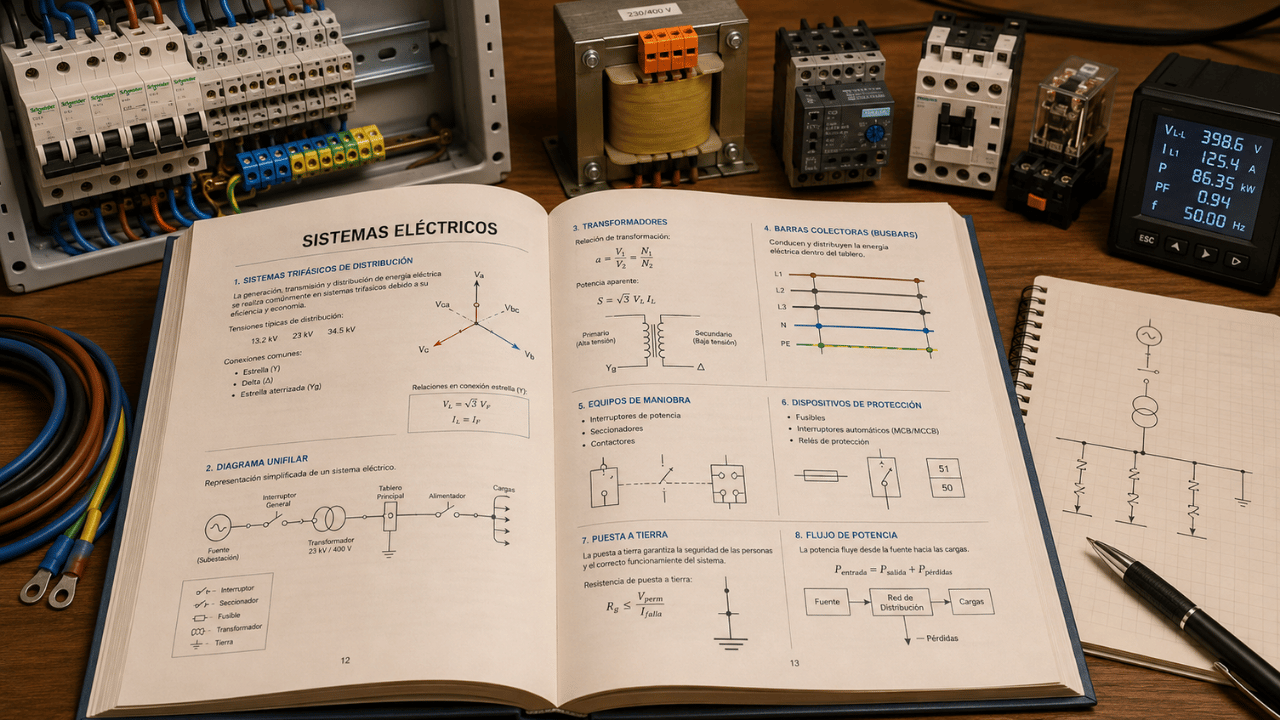 Libro de sistemas eléctricos abierto con transformadores, protecciones, distribución trifásica y equipos de maniobra