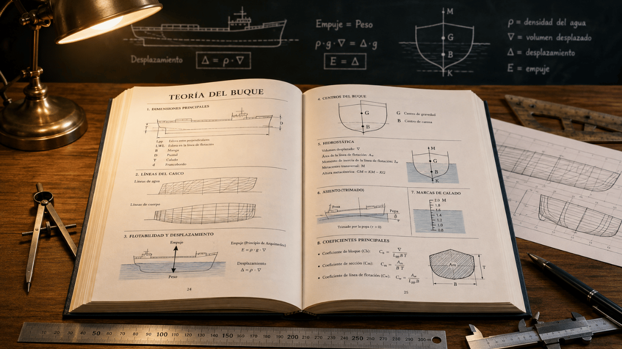 Libro de teoría del buque abierto con diagramas de flotabilidad, desplazamiento, hidrostática y dimensiones principales del casco