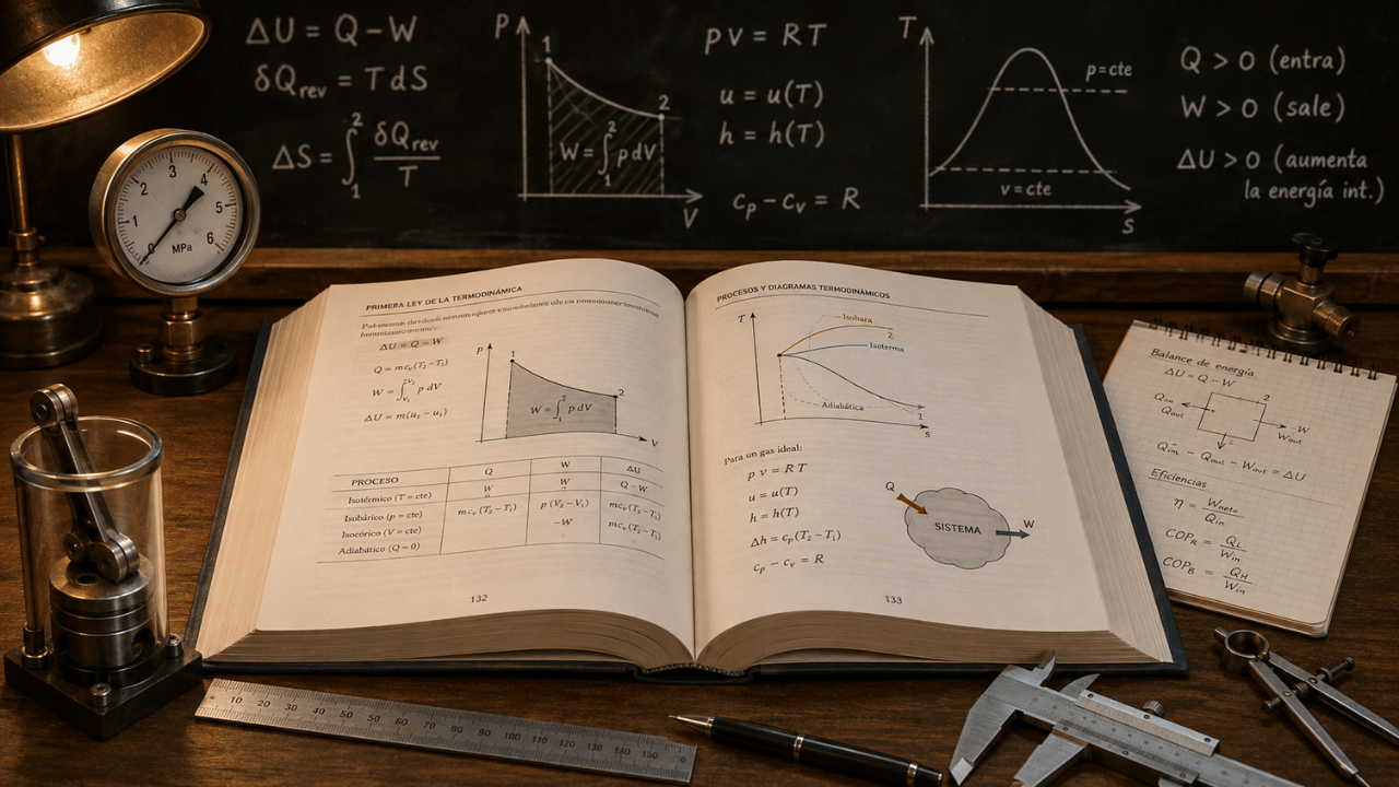 Libro de termodinámica abierto con diagramas, fórmulas, manómetro y herramientas de estudio sobre una mesa técnica