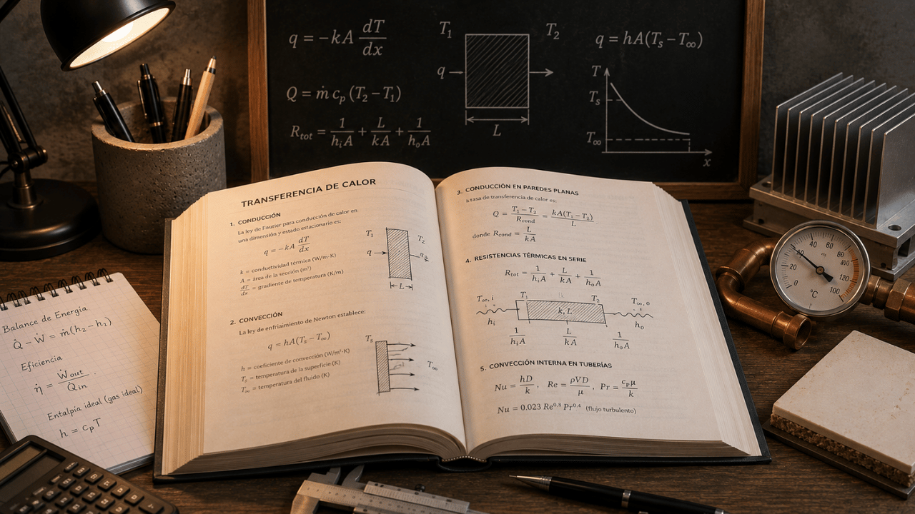 Libro de transferencia de calor abierto con diagramas de conducción, convección, resistencias térmicas y herramientas de estudio