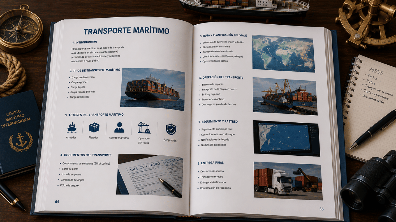 Libro de transporte marítimo abierto con tipos de carga, documentación, planificación de rutas, operaciones portuarias y seguimiento del transporte