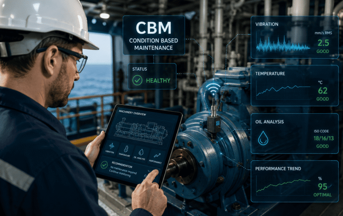 Ingeniero naval realizando mantenimiento basado en condición CBM en maquinaria de un buque mediante monitoreo digital