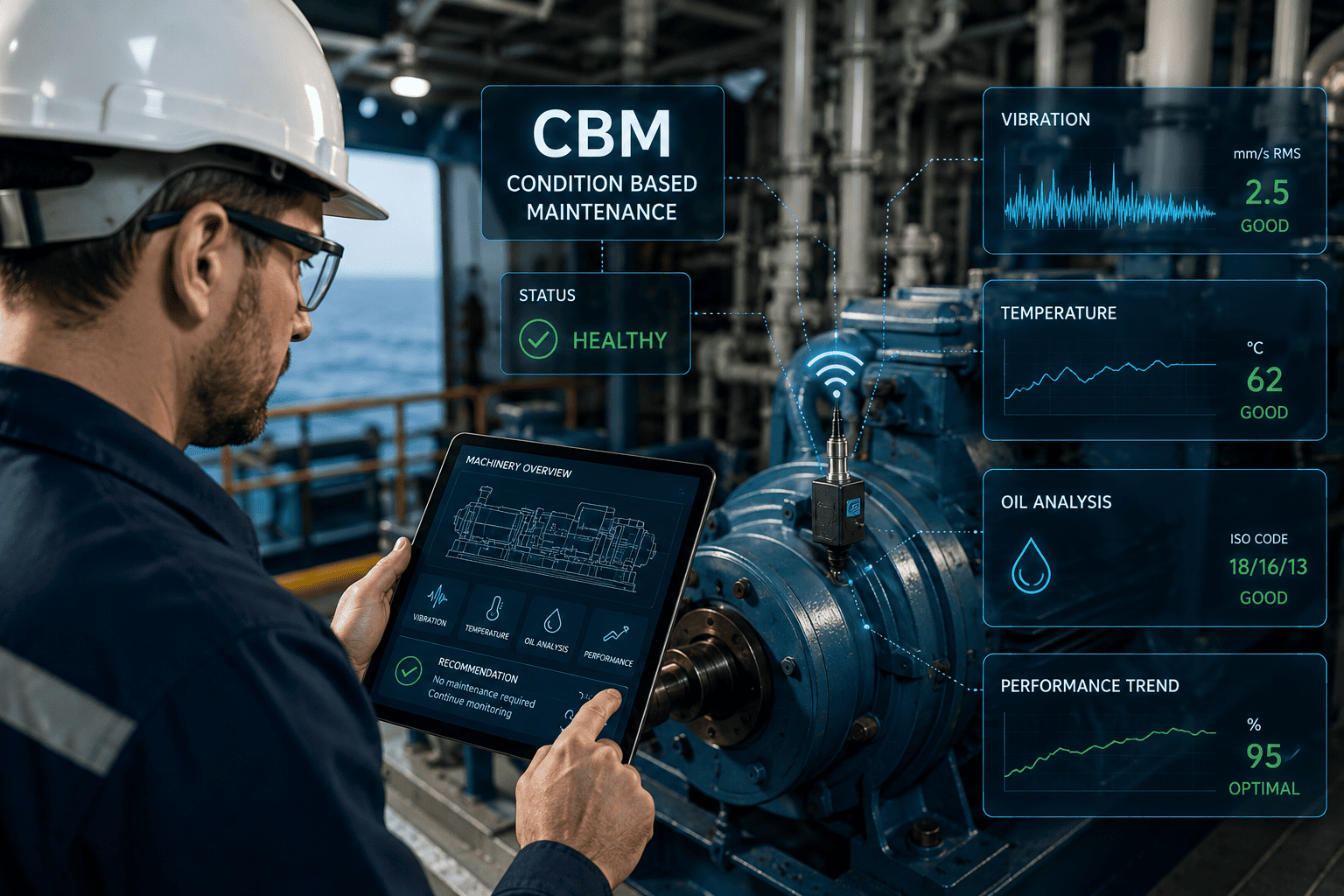 Mantenimiento Basado en Condición (CBM). (8ºParte) 6 Ingeniero naval realizando mantenimiento basado en condición CBM en maquinaria de un buque mediante monitoreo digital
