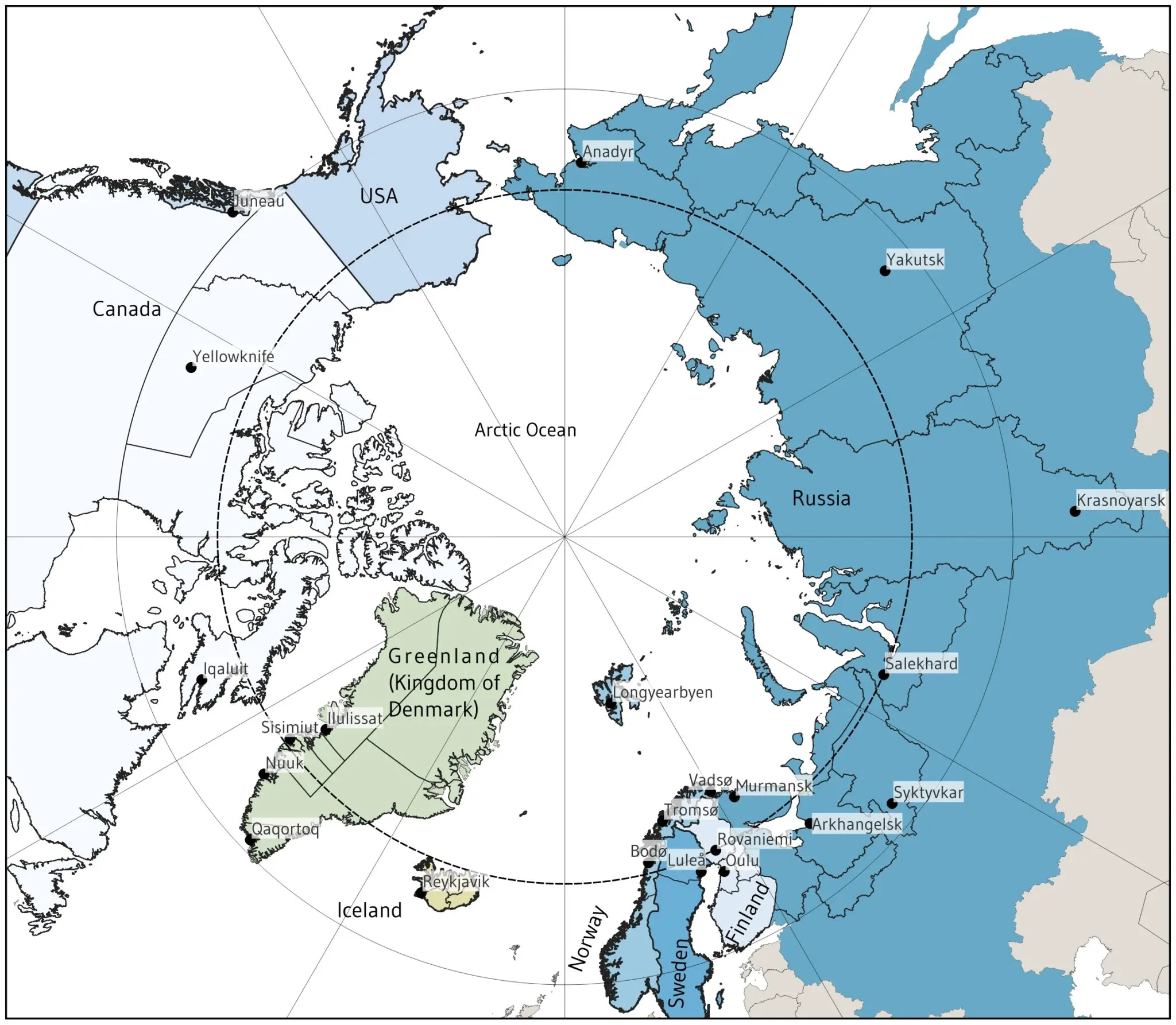 Mapa geopolítico del Ártico con Rusia, Canadá, Alaska, Groenlandia y los países nórdicos alrededor del océano Ártico.