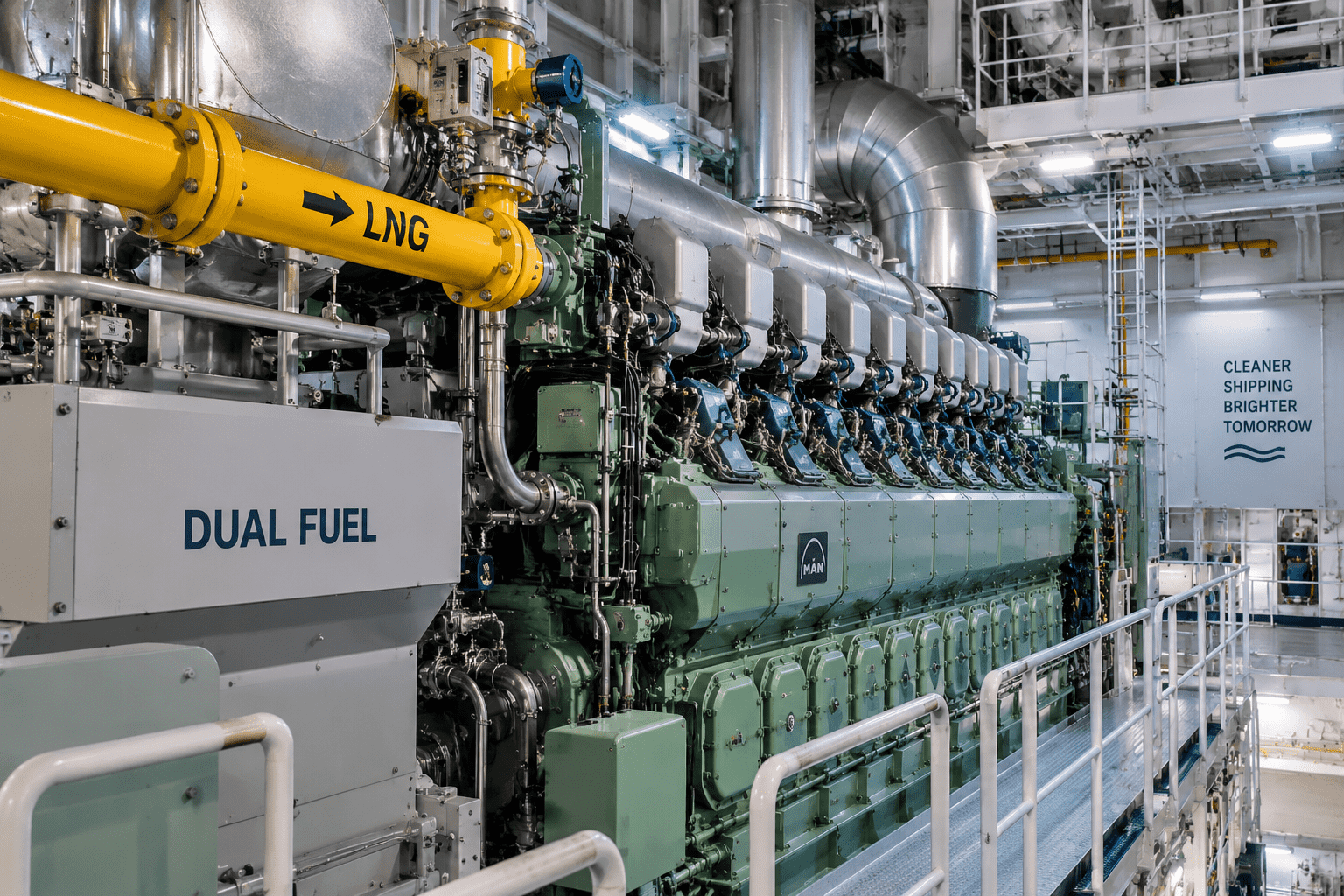 Motor marino dual fuel alimentado con LNG en la sala de máquinas de un buque