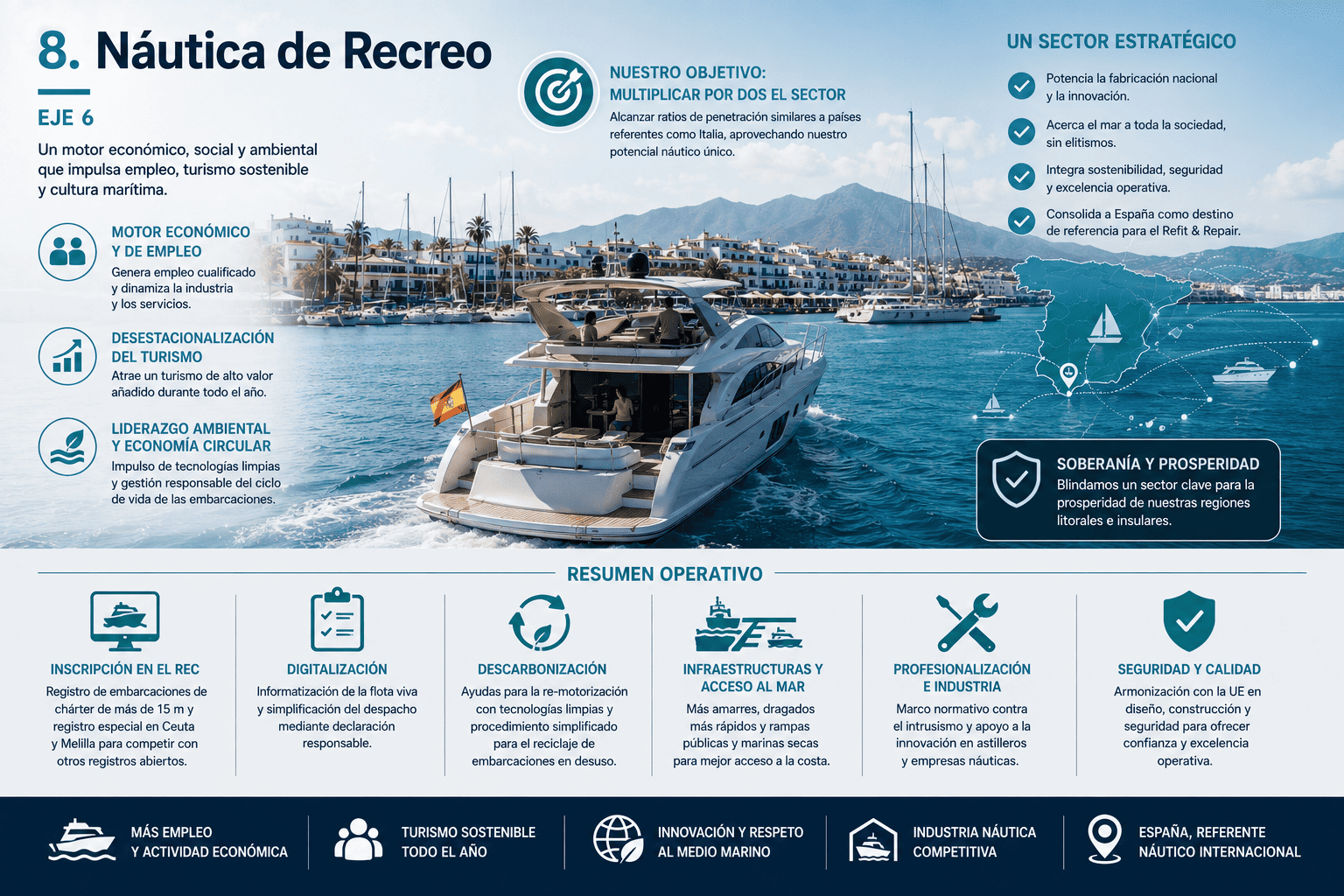 Análisis de la Estrategia Marítima de España 2025-2050: Amenazas y Claves para el Futuro del Sector 13 Infografía sobre Náutica de recreo en España: empleo, turismo desestacionalizado, digitalización, descarbonización, infraestructuras, refit & repair y competitividad internacional.
