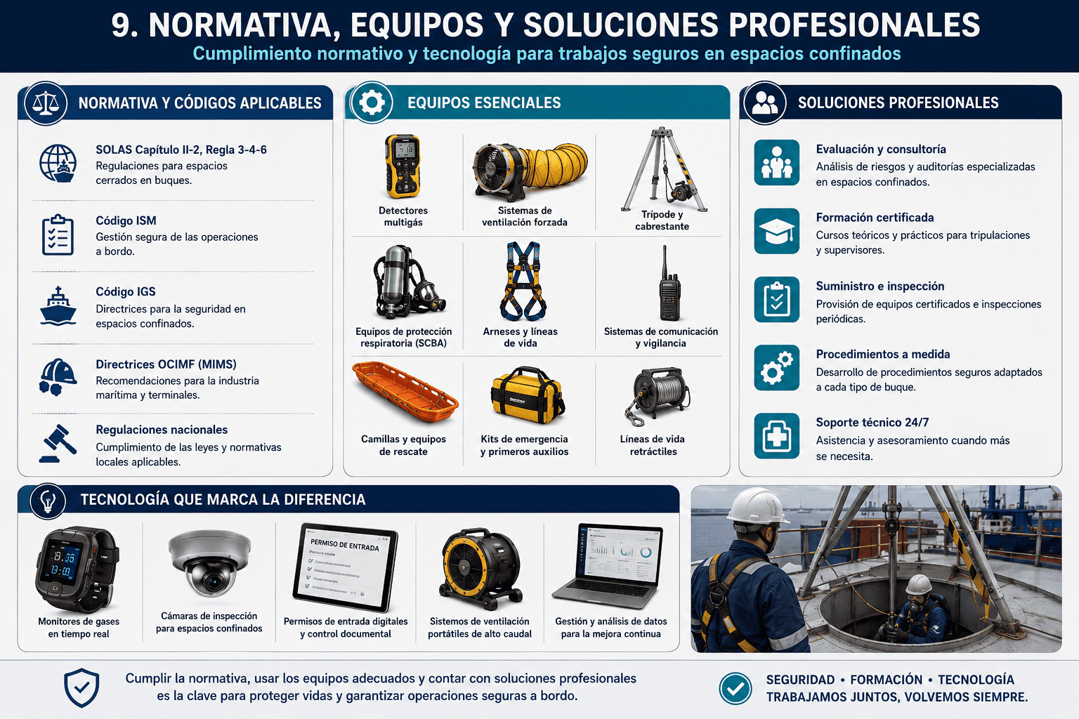 Espacios Cerrados o Confinados en Buques: Riesgos, Entrada Segura, Equipos y Normativa 31 Normativa, equipos y soluciones profesionales para trabajos en espacios confinados a bordo de un buque, incluyendo detectores multigás, ventilación, SCBA, rescate y formación