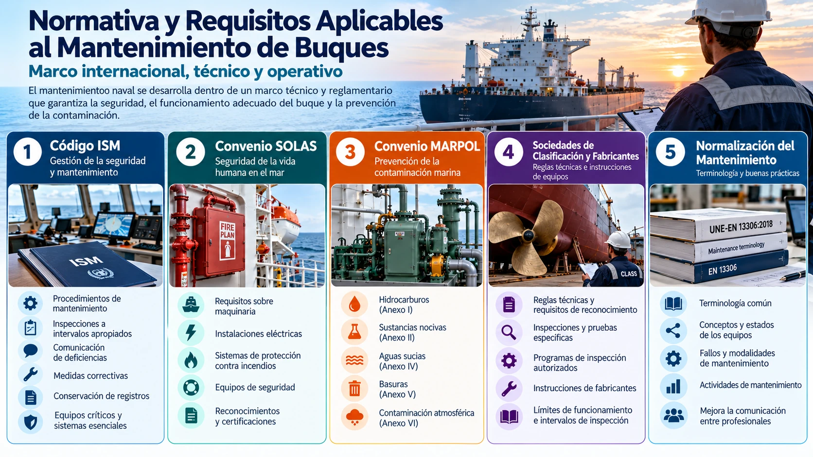 Mantenimiento Naval: Guía Completa del Mantenimiento del Buque 14 Infografía sobre la normativa del mantenimiento naval, incluyendo el Código ISM, los convenios SOLAS y MARPOL, las sociedades de clasificación y la norma UNE-EN 13306:2018.
