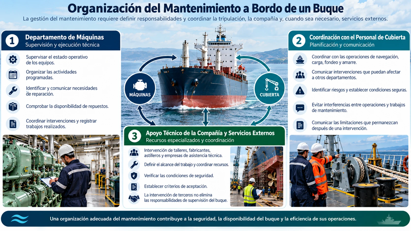 Mantenimiento Naval: Guía Completa del Mantenimiento del Buque 8 Infografía sobre la organización del mantenimiento naval a bordo de un buque, con las funciones del departamento de máquinas, la coordinación con cubierta y el apoyo técnico externo.