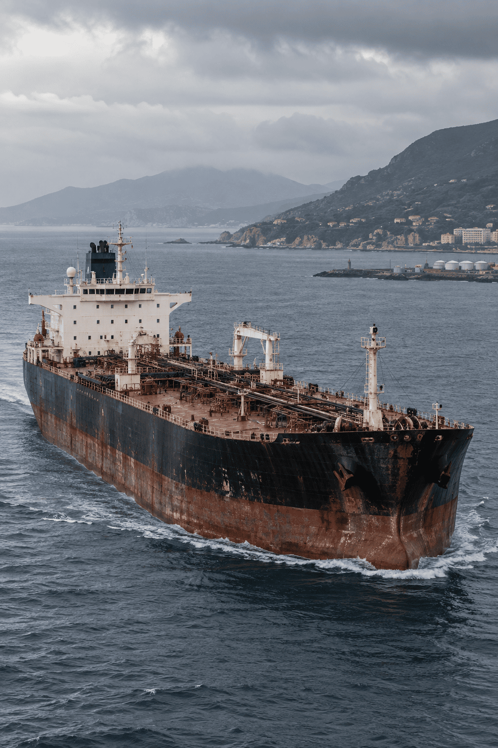 La Flota Fantasma ya Supera los 1.300 Buques: ¿Estamos Creando un Sistema Marítimo Paralelo? 8 Petrolero antiguo navegando cerca de la costa en condiciones marítimas grises
