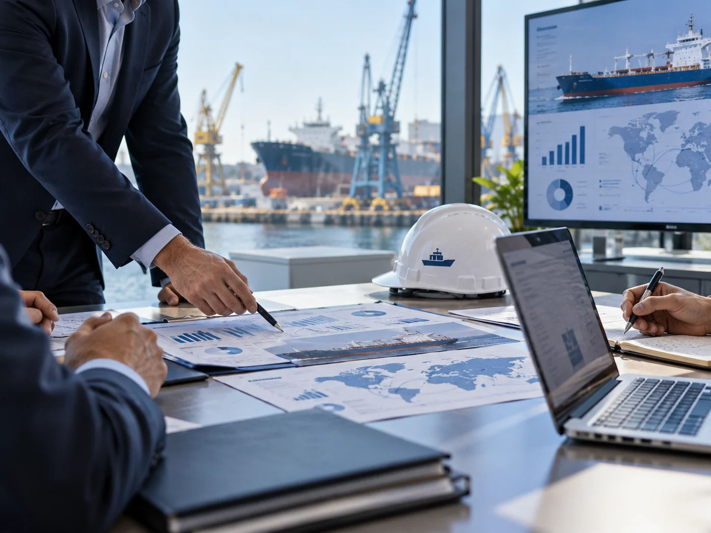 Cómo Conseguir Clientes para una Empresa Naval: Estrategias de Captación B2B 8 Equipo comercial y técnico de una empresa naval planificando acciones de captación y seguimiento de clientes.