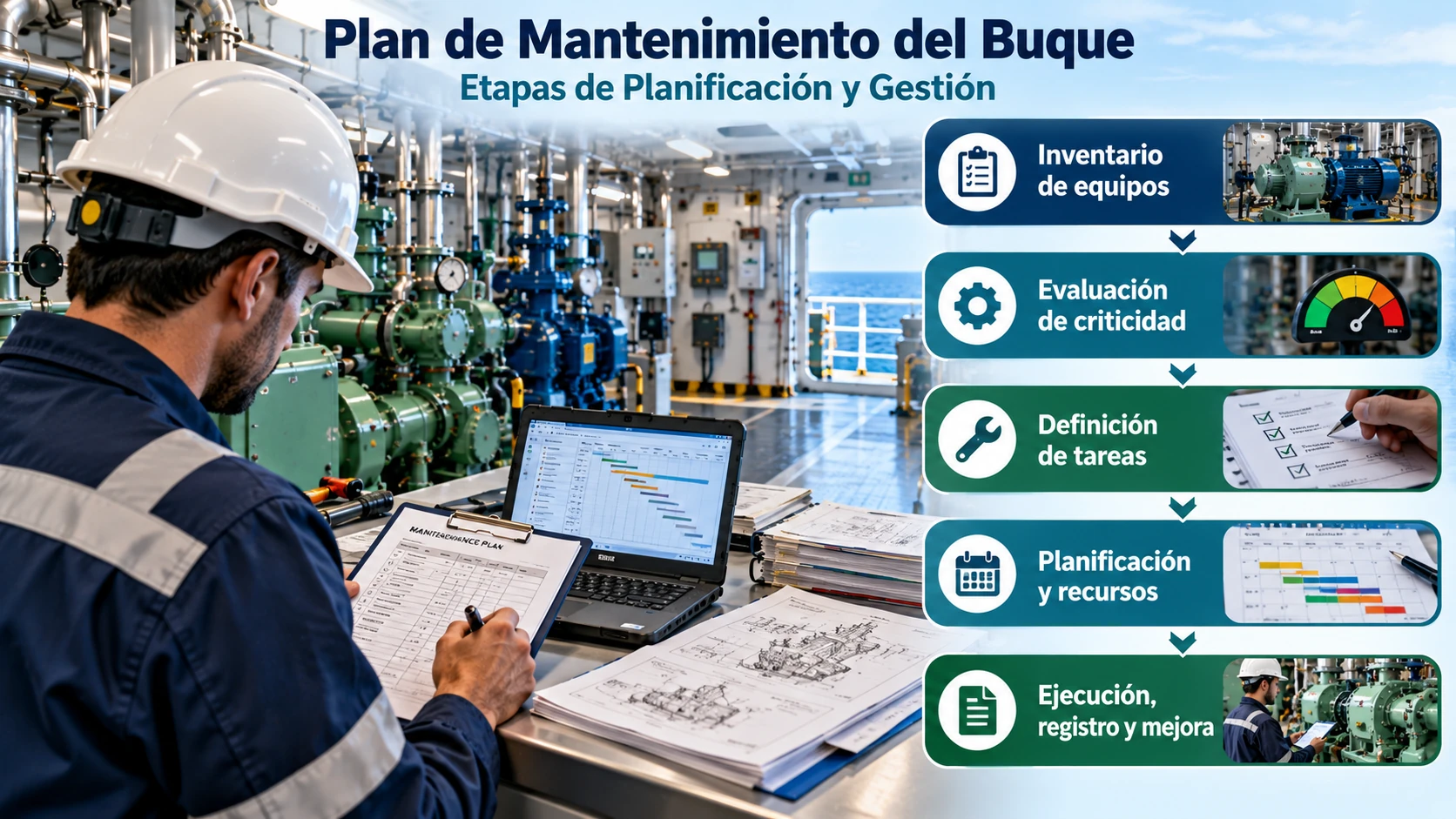 Mantenimiento Naval: Guía Completa del Mantenimiento del Buque 10 Infografía del plan de mantenimiento del buque con las etapas de inventario de equipos, evaluación de criticidad, definición de tareas, planificación de recursos y ejecución del mantenimiento.