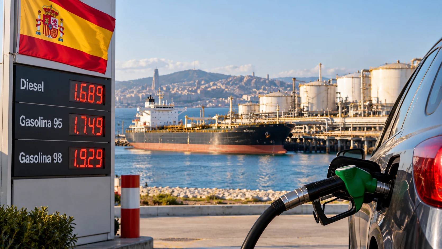 Surtidor de gasolina y diésel en España con un petrolero y una terminal marítima al fondo, ilustrando el impacto del transporte de petróleo en el precio de los combustibles.