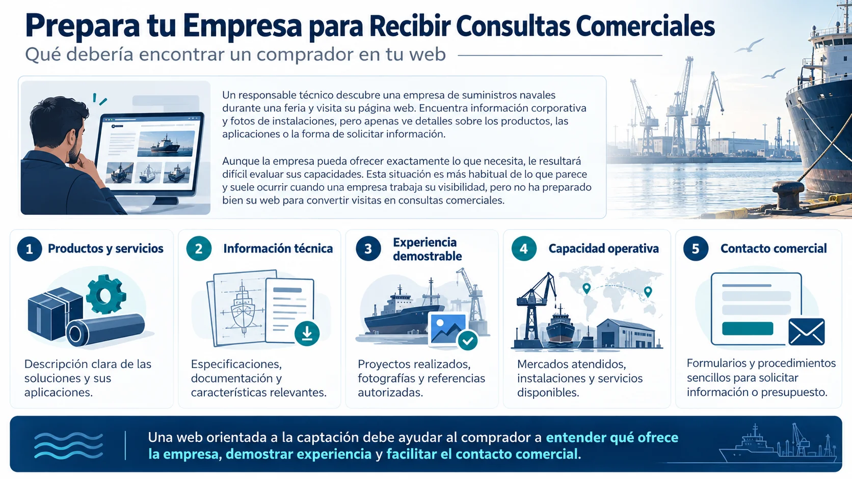 Cómo Conseguir Clientes para una Empresa Naval: Estrategias de Captación B2B 3 Infografía sobre cómo preparar una empresa naval para recibir consultas comerciales y qué debería encontrar un comprador en su web.