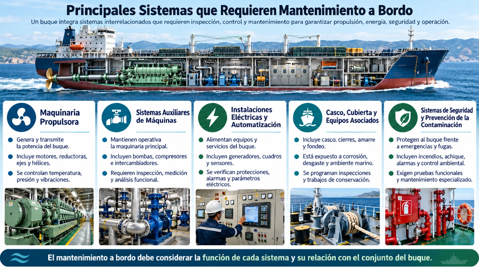 Mantenimiento Naval: Guía Completa del Mantenimiento del Buque 4 Infografía de los principales sistemas que requieren mantenimiento naval: maquinaria propulsora, sistemas auxiliares, instalaciones eléctricas, cubierta y equipos de seguridad.