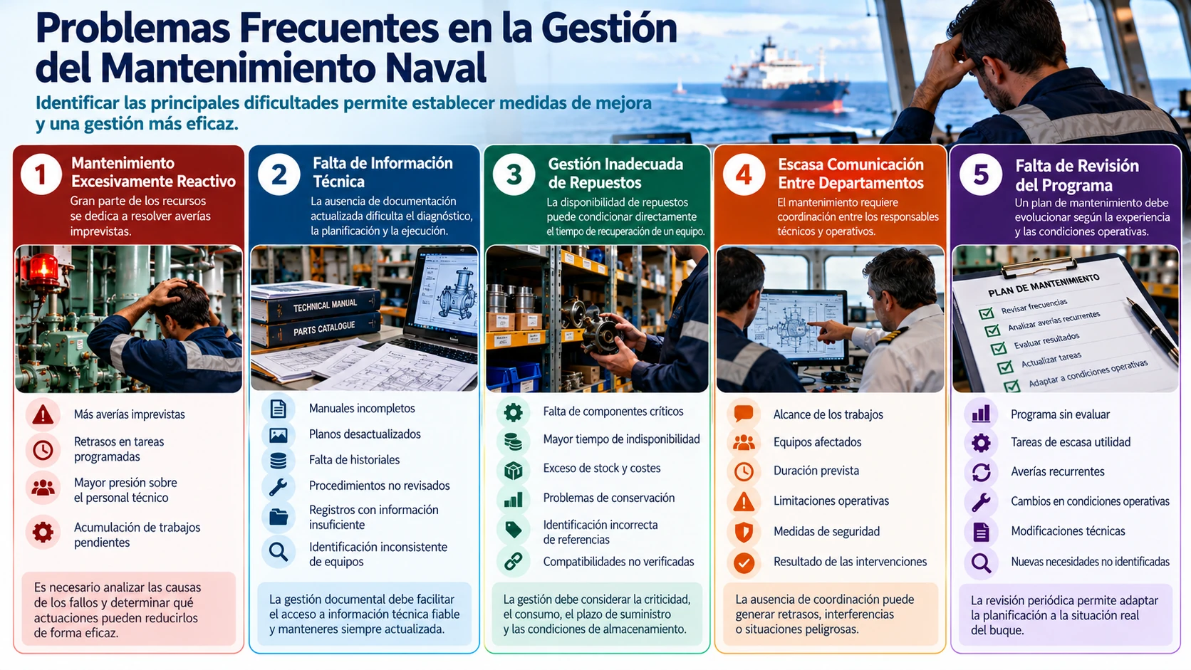 Mantenimiento Naval: Guía Completa del Mantenimiento del Buque 23 Infografía sobre los problemas frecuentes en la gestión del mantenimiento naval: mantenimiento reactivo, falta de documentación técnica, gestión de repuestos, comunicación entre departamentos y revisión del programa.