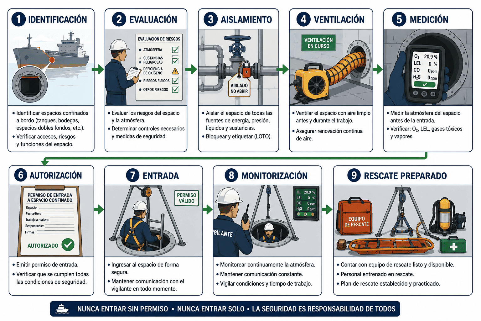 Espacios Cerrados o Confinados en Buques: Riesgos, Entrada Segura, Equipos y Normativa 7 Infografía del Procedimiento seguro de entrada en espacios confinados a bordo de un buque, desde la identificación hasta el rescate preparado