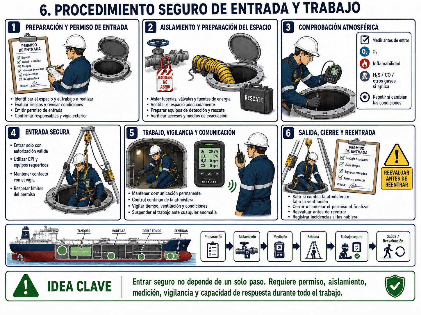 Espacios Cerrados o Confinados en Buques: Riesgos, Entrada Segura, Equipos y Normativa 24 Infografía Procedimiento seguro de entrada y trabajo en espacios confinados a bordo de un buque, desde la preparación y aislamiento hasta la vigilancia, salida y reevaluación