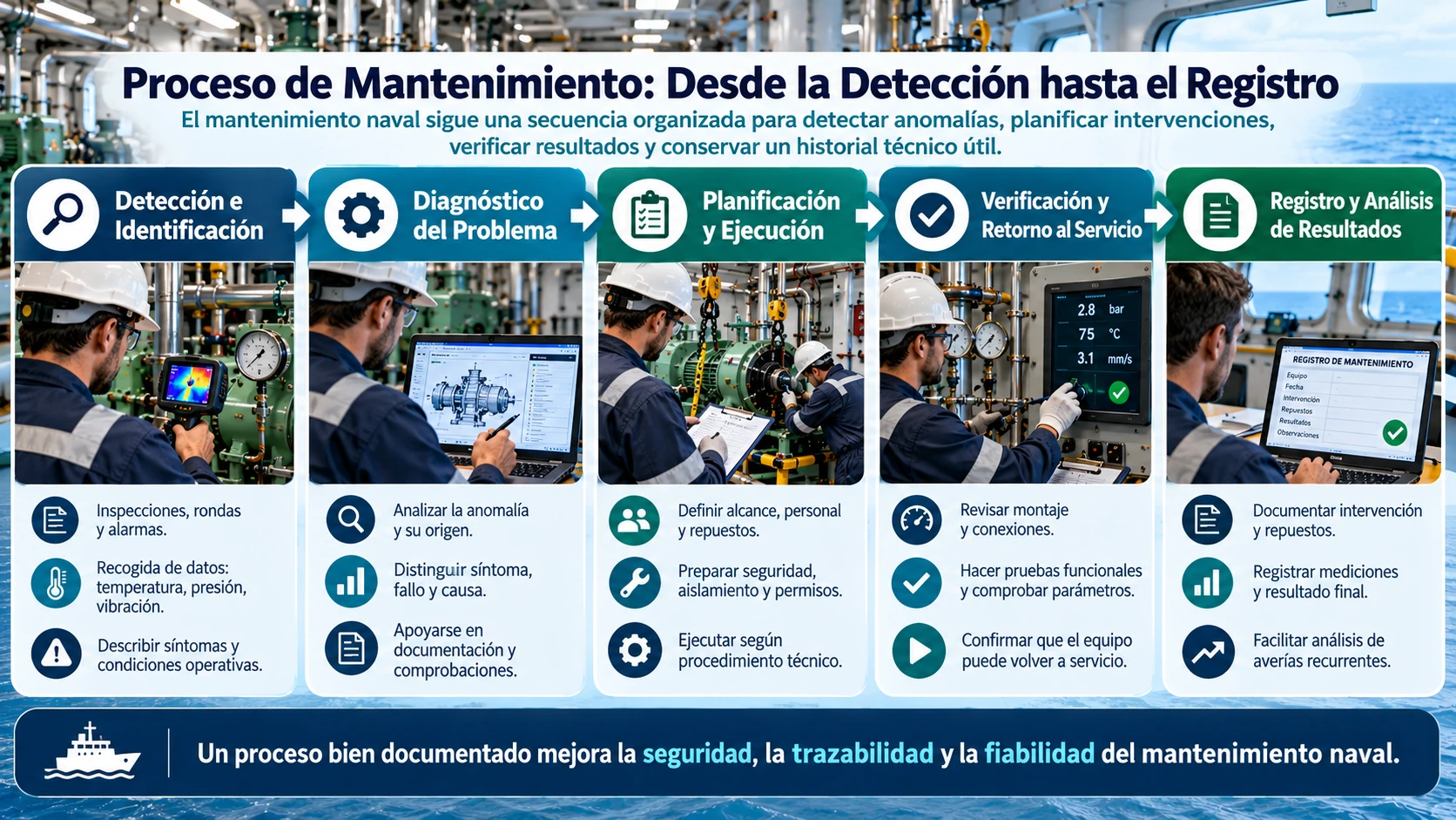 Mantenimiento Naval: Guía Completa del Mantenimiento del Buque 11 Infografía del proceso de mantenimiento naval con las etapas de detección de anomalías, diagnóstico, planificación, ejecución, verificación y registro de los trabajos a bordo.