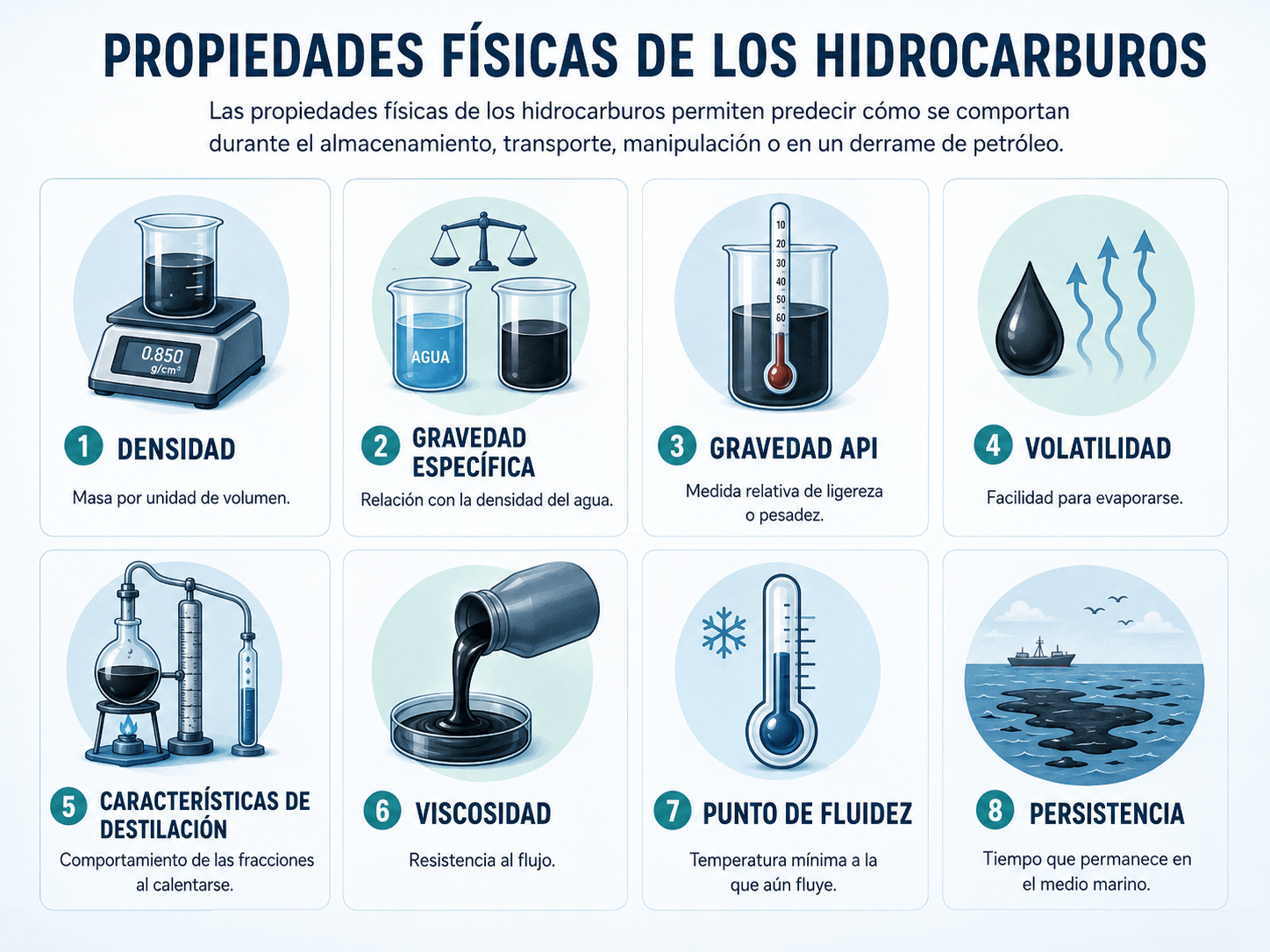 Teoría de los Hidrocarburos: Propiedades, Clasificación y Comportamiento en el Mar 9 Infografía sobre las propiedades físicas de los hidrocarburos, incluyendo densidad, gravedad específica, gravedad API, volatilidad, características de destilación, viscosidad, punto de fluidez y persistencia en el medio marino