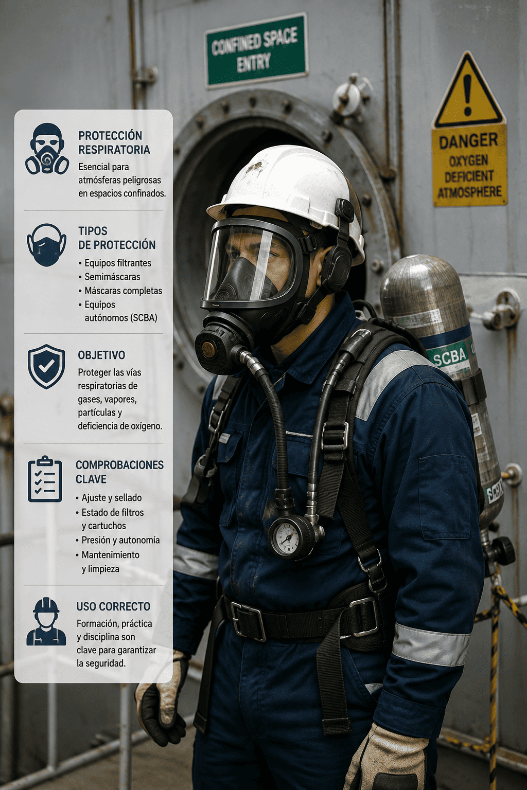Espacios Cerrados o Confinados en Buques: Riesgos, Entrada Segura, Equipos y Normativa 27 Protección respiratoria para trabajos en espacios confinados a bordo de un buque, con equipo autónomo SCBA y protección facial completa