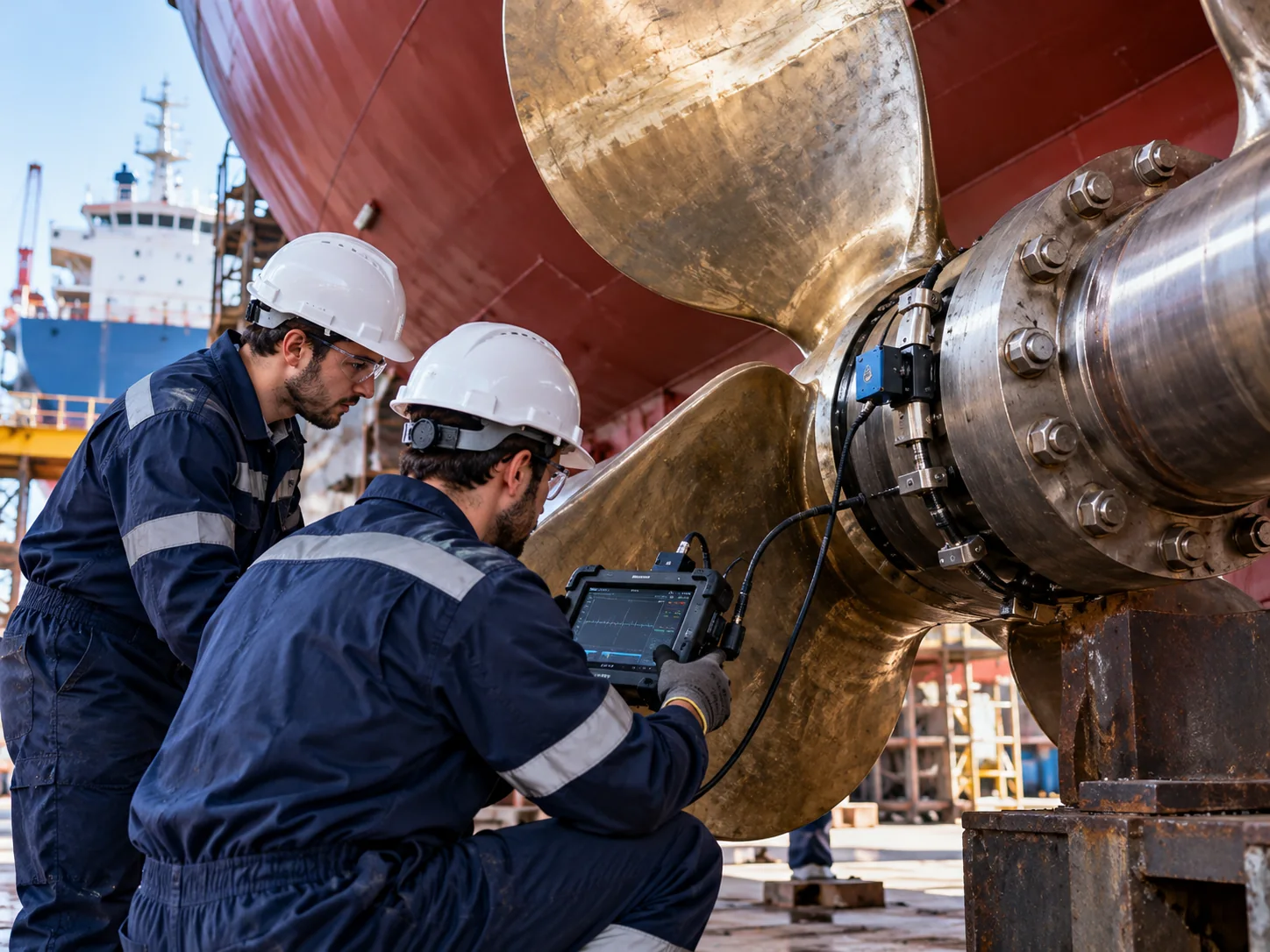 Branding para Empresas Navales: Cómo Construir una Marca Reconocida 4 Técnicos navales inspeccionando una hélice y un eje de propulsión de un buque en dique seco para demostrar capacidades y experiencia industrial.