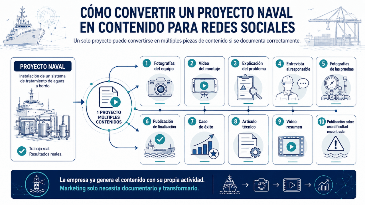 Redes Sociales para Empresas Marítimas: Estrategia de Marketing para el Sector Naval 9 Infografía sobre cómo convertir un proyecto naval en contenido para redes sociales