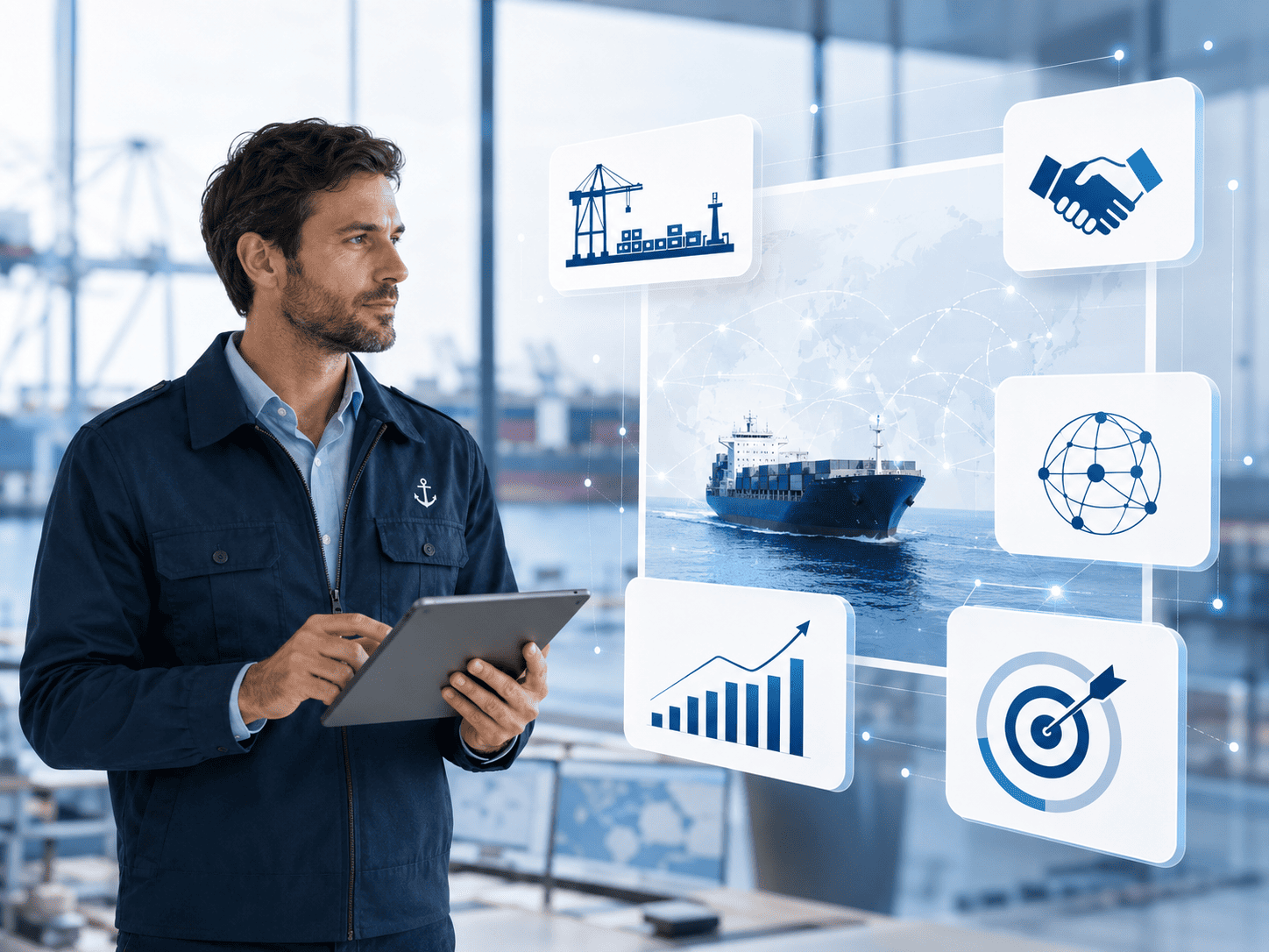 publicidad-empresas-navales-estrategia-visual-maritime-tec Profesional del sector naval con tablet frente a paneles visuales sobre logística marítima, alianzas, crecimiento y objetivos comerciales